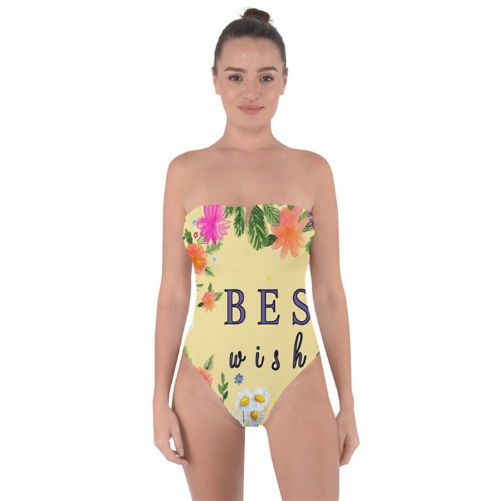 Best Wishes Yellow Flower Greeting Tie Back One Piece Swimsuit