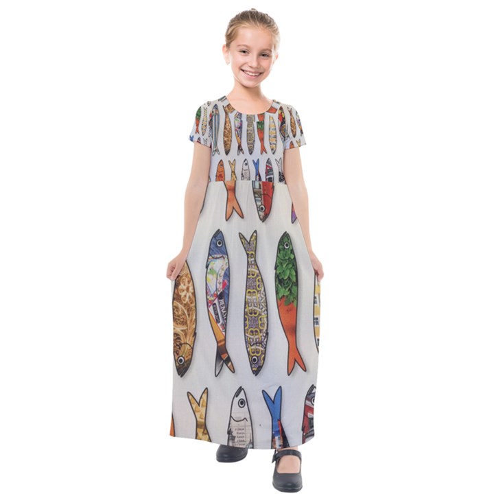 Fish Sardines Motive Pattern Kids  Short Sleeve Maxi Dress