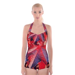 Wine Partner Wild Vine Leaves Plant Boyleg Halter Swimsuit 