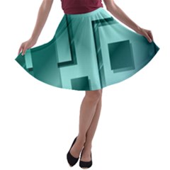 Green Figures Rectangles Squares Mirror A-line Skater Skirt