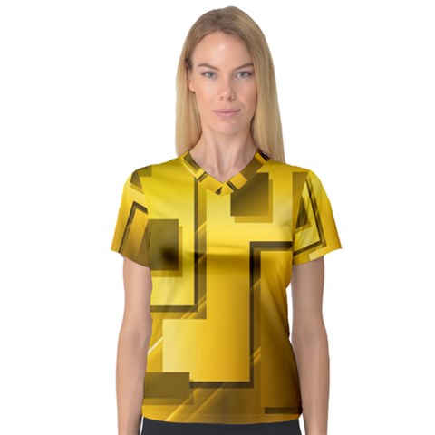 Yellow Gold Figures Rectangles Squares Mirror V-neck Sport Mesh Tee by Sapixe