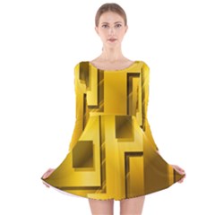 Yellow Gold Figures Rectangles Squares Mirror Long Sleeve Velvet Skater Dress by Sapixe