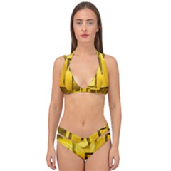 Yellow Gold Figures Rectangles Squares Mirror Double Strap Halter Bikini Set by Sapixe