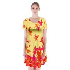 Leaves Autumn Maple Drop Listopad Short Sleeve V-neck Flare Dress