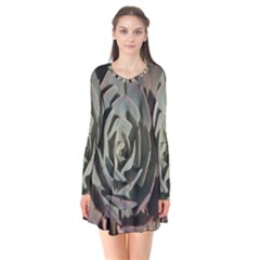 Succulent Green Pink Rosettes Long Sleeve V-neck Flare Dress