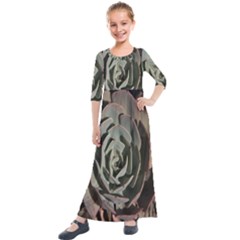 Succulent Green Pink Rosettes Kids  Quarter Sleeve Maxi Dress