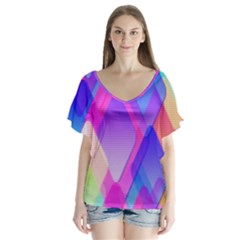 Squares Color Squares Background V-neck Flutter Sleeve Top