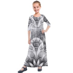 Black And White Fanned Feathers In Halftone Dots Kids  Quarter Sleeve Maxi Dress by jayaprime