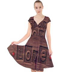 Background Romantic Love Wood Cap Sleeve Front Wrap Midi Dress