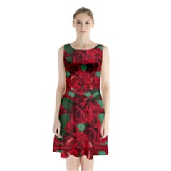 Floral Flower Pattern Art Roses Sleeveless Waist Tie Chiffon Dress