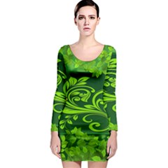 Background Texture Green Leaves Long Sleeve Bodycon Dress