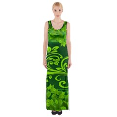 Background Texture Green Leaves Maxi Thigh Split Dress