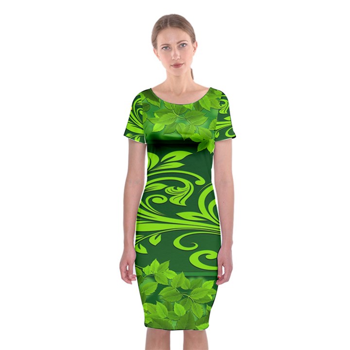 Background Texture Green Leaves Classic Short Sleeve Midi Dress