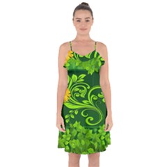 Background Texture Green Leaves Ruffle Detail Chiffon Dress by Sapixe