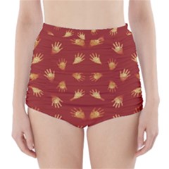 Primitive Art Hands Motif Pattern High-Waisted Bikini Bottoms