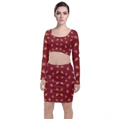 Primitive Art Hands Motif Pattern Long Sleeve Crop Top & Bodycon Skirt Set