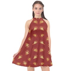 Primitive Art Hands Motif Pattern Halter Neckline Chiffon Dress 