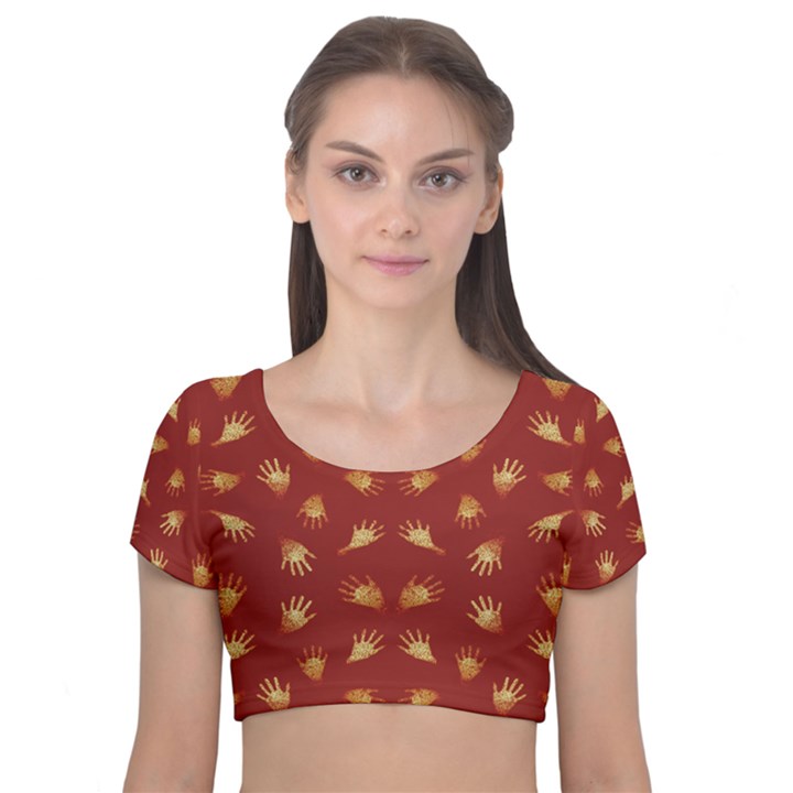 Primitive Art Hands Motif Pattern Velvet Short Sleeve Crop Top 