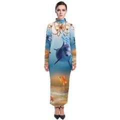 Dolphin Art Creation Natural Water Turtleneck Maxi Dress