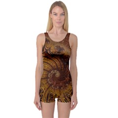 Copper Caramel Swirls Abstract Art One Piece Boyleg Swimsuit