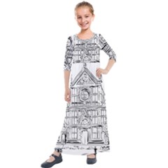 Line Art Architecture Church Italy Kids  Quarter Sleeve Maxi Dress