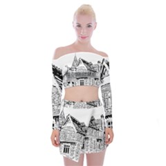 Line Art Architecture Old House Off Shoulder Top With Mini Skirt Set