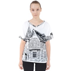 Line Art Architecture Old House V-neck Dolman Drape Top by Sapixe