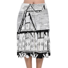Line Art Architecture Vintage Old Velvet Flared Midi Skirt