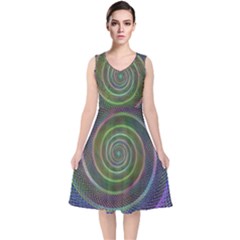 Spiral Fractal Digital Modern V-Neck Midi Sleeveless Dress 