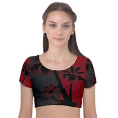 Red And Grey Silhouette Palm Tree Velvet Short Sleeve Crop Top 