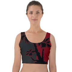 Red And Grey Silhouette Palm Tree Velvet Crop Top by LoolyElzayat