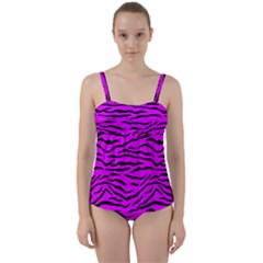 Hot Neon Pink And Black Tiger Stripes Twist Front Tankini Set by PodArtist