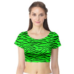 Bright Neon Green And Black Tiger Stripes  Short Sleeve Crop Top