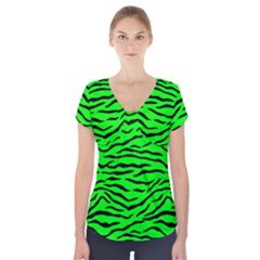 Bright Neon Green And Black Tiger Stripes  Short Sleeve Front Detail Top by PodArtist