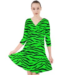 Bright Neon Green And Black Tiger Stripes  Quarter Sleeve Front Wrap Dress by PodArtist