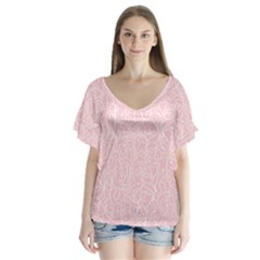 Elios Shirt Faces In White Outlines On Pale Pink Cmbyn V-neck Flutter Sleeve Top by PodArtist