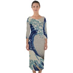 The Classic Japanese Great Wave Off Kanagawa By Hokusai Quarter Sleeve Midi Bodycon Dress by PodArtist