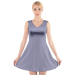 Usa Flag Blue And White Stripes V-neck Sleeveless Dress by PodArtist