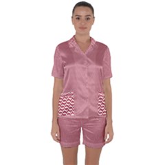 Usa Flag Red & White Wavy Zigzag Chevron Stripes Satin Short Sleeve Pyjamas Set by PodArtist