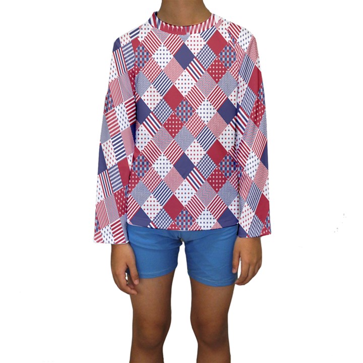 USA Americana Diagonal Red White & Blue Quilt Kids  Long Sleeve Swimwear
