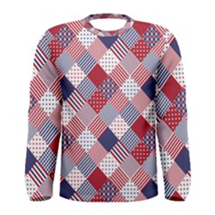 USA Americana Diagonal Red White & Blue Quilt Men s Long Sleeve Tee