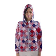 USA Americana Diagonal Red White & Blue Quilt Hooded Windbreaker (Women)