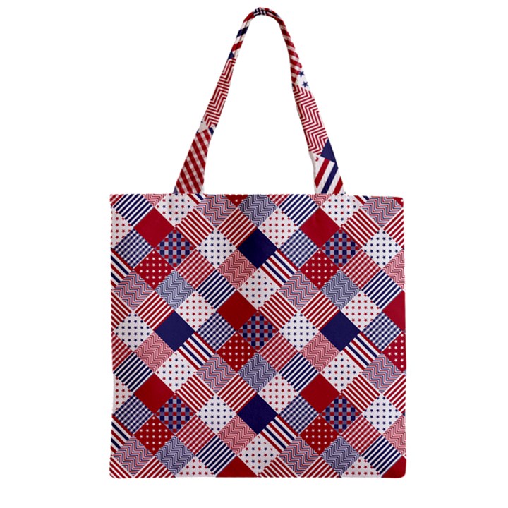 USA Americana Diagonal Red White & Blue Quilt Zipper Grocery Tote Bag