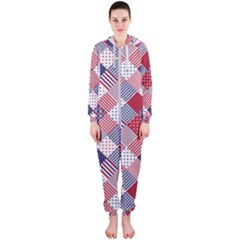 USA Americana Diagonal Red White & Blue Quilt Hooded Jumpsuit (Ladies) 