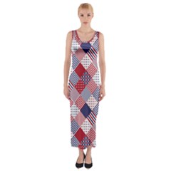 USA Americana Diagonal Red White & Blue Quilt Fitted Maxi Dress