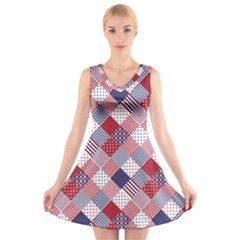 Usa Americana Diagonal Red White & Blue Quilt V-neck Sleeveless Dress