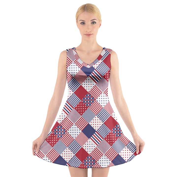 USA Americana Diagonal Red White & Blue Quilt V-Neck Sleeveless Dress