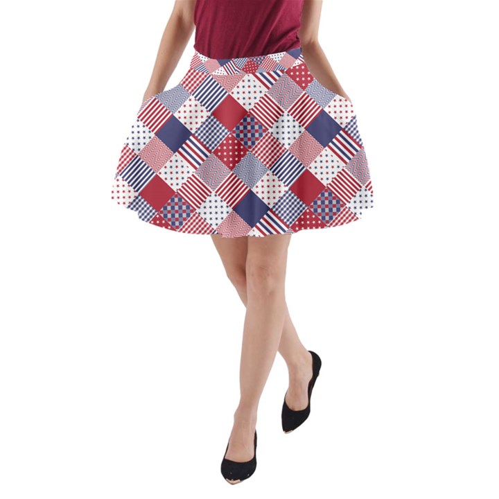 USA Americana Diagonal Red White & Blue Quilt A-Line Pocket Skirt