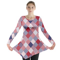 Usa Americana Diagonal Red White & Blue Quilt Long Sleeve Tunic  by PodArtist