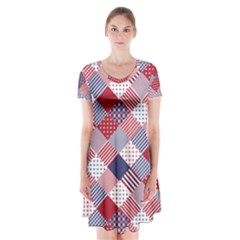 USA Americana Diagonal Red White & Blue Quilt Short Sleeve V-neck Flare Dress